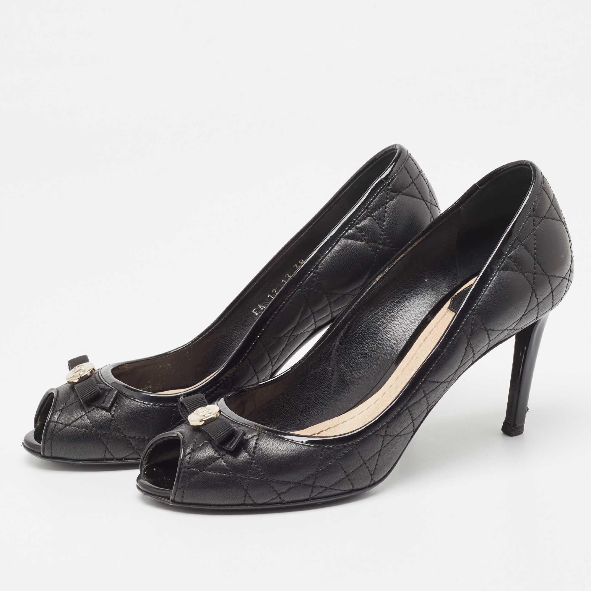 Dior Black Leather and Patent Peep Toe Pumps Size 38 For Sale 2