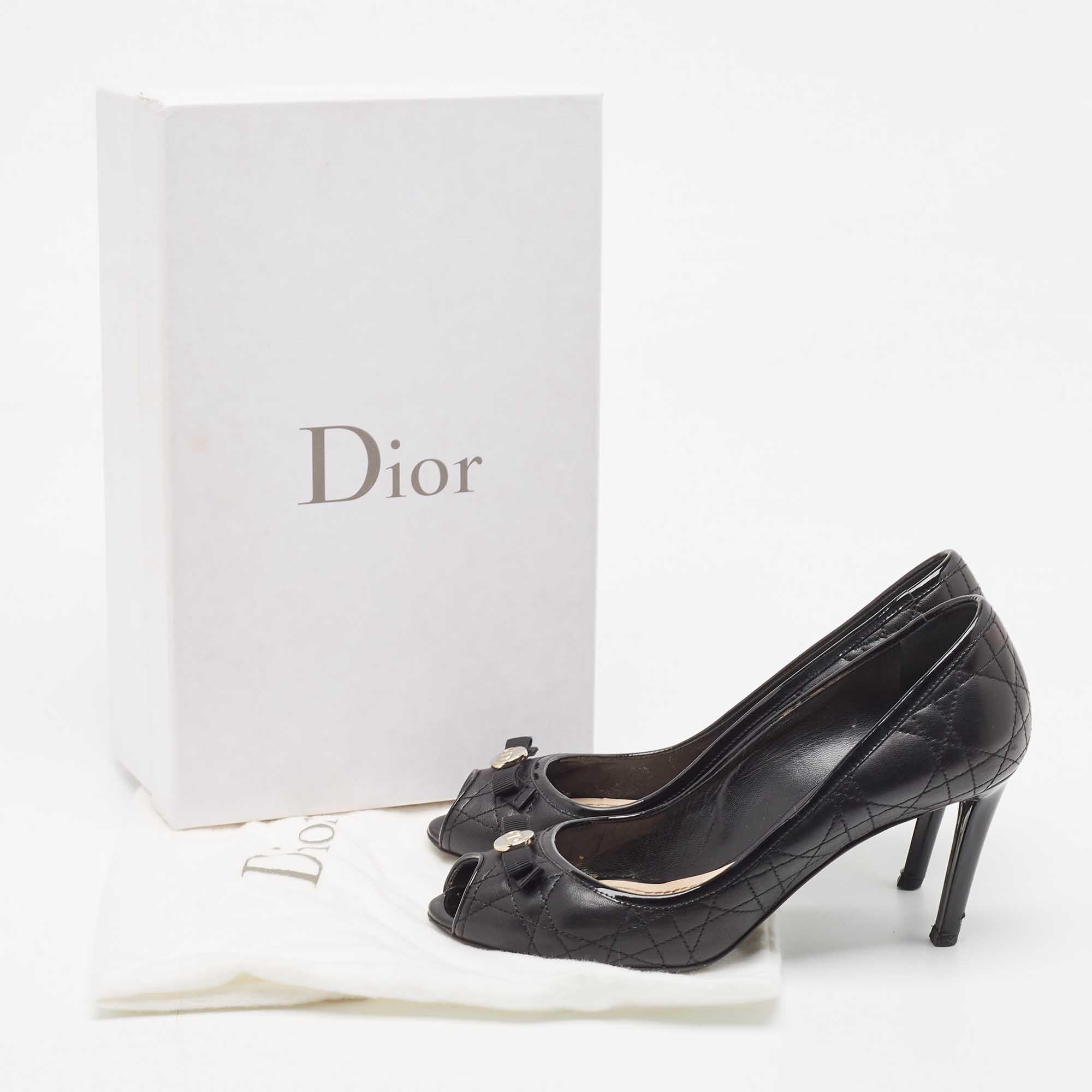 Dior Black Leather and Patent Peep Toe Pumps Size 38 For Sale 4