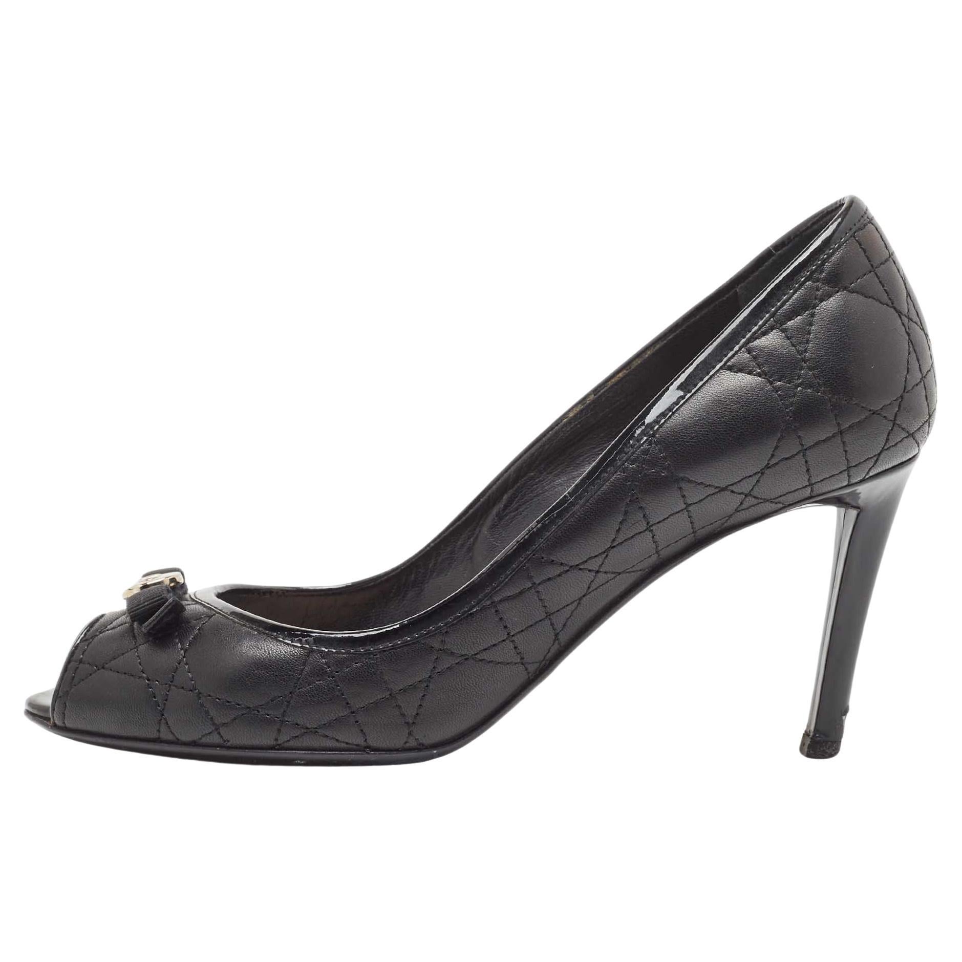 Dior Black Leather and Patent Peep Toe Pumps Size 38 For Sale