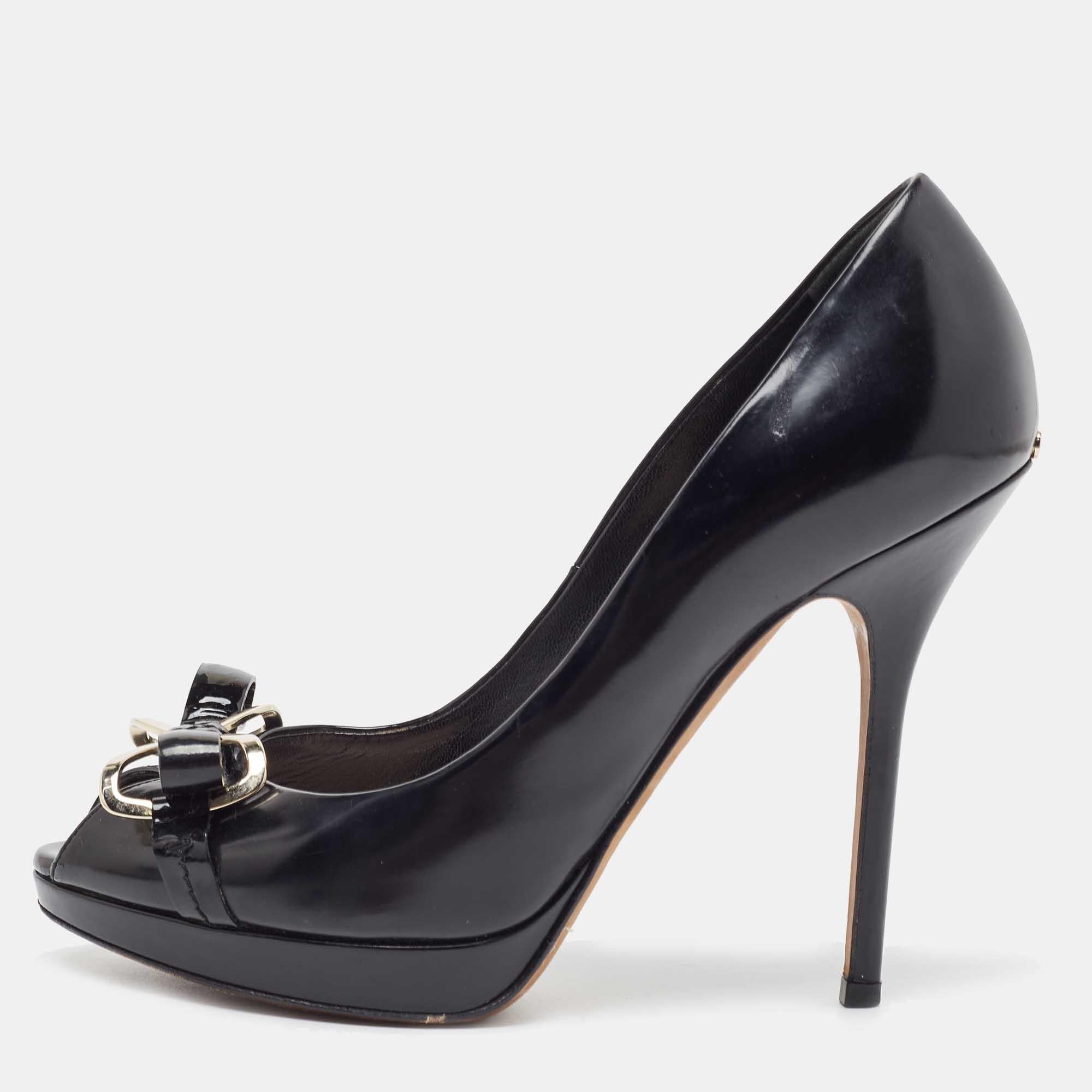 Women's Dior Black Leather Bow Detail Peep Toe Pumps Size 37 For Sale