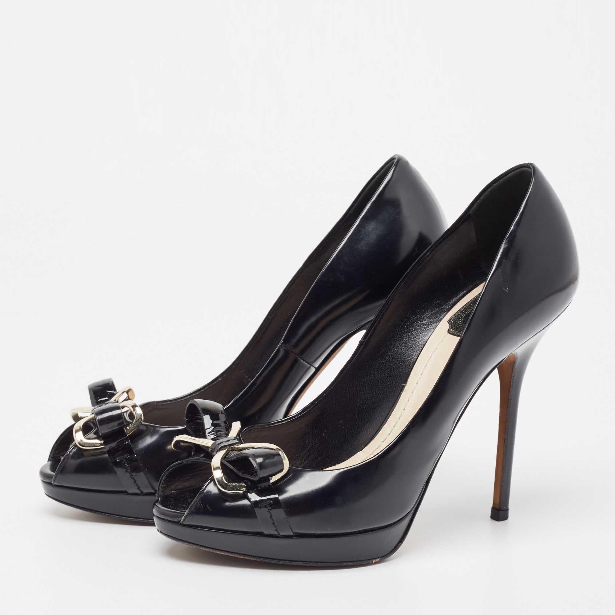 Dior Black Leather Bow Detail Peep Toe Pumps Size 37 For Sale 4