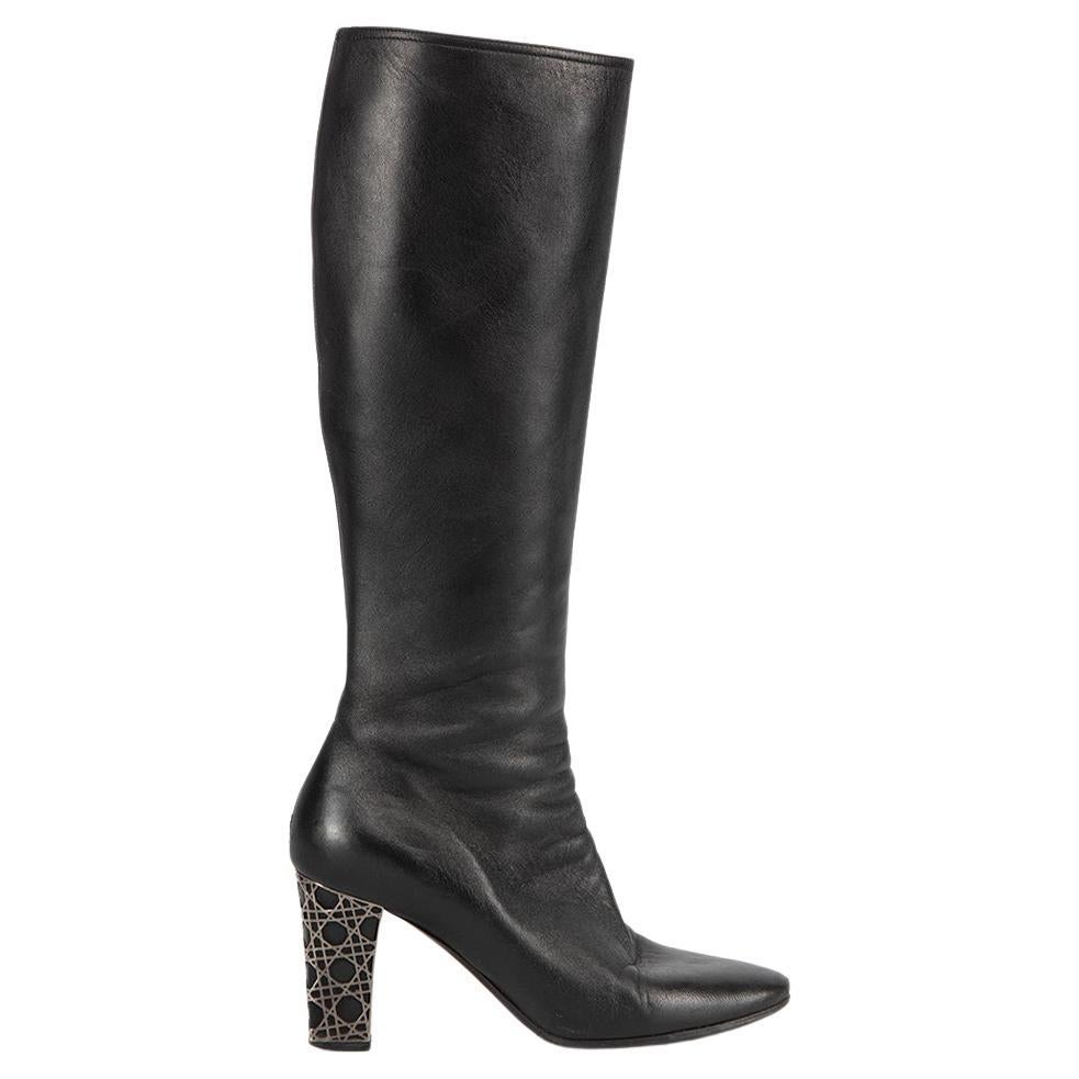 Dior Black Leather Cannage Heel Knee Boots Size IT 38