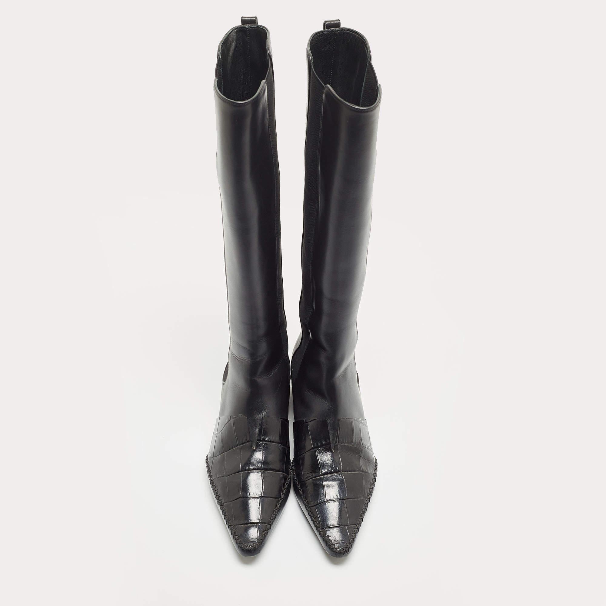 Dior Black Leather Croc Embossed and Leather Knee Length Boots  In Good Condition In Dubai, Al Qouz 2