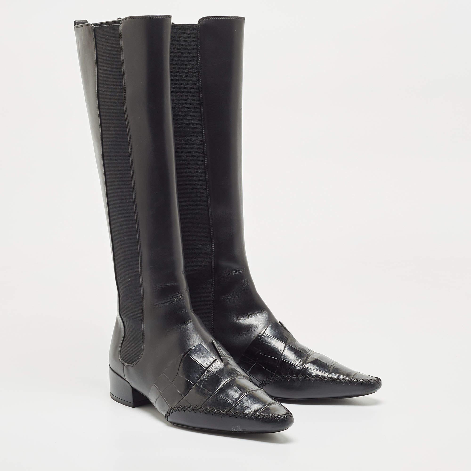 Women's Dior Black Leather Croc Embossed and Leather Knee Length Boots 