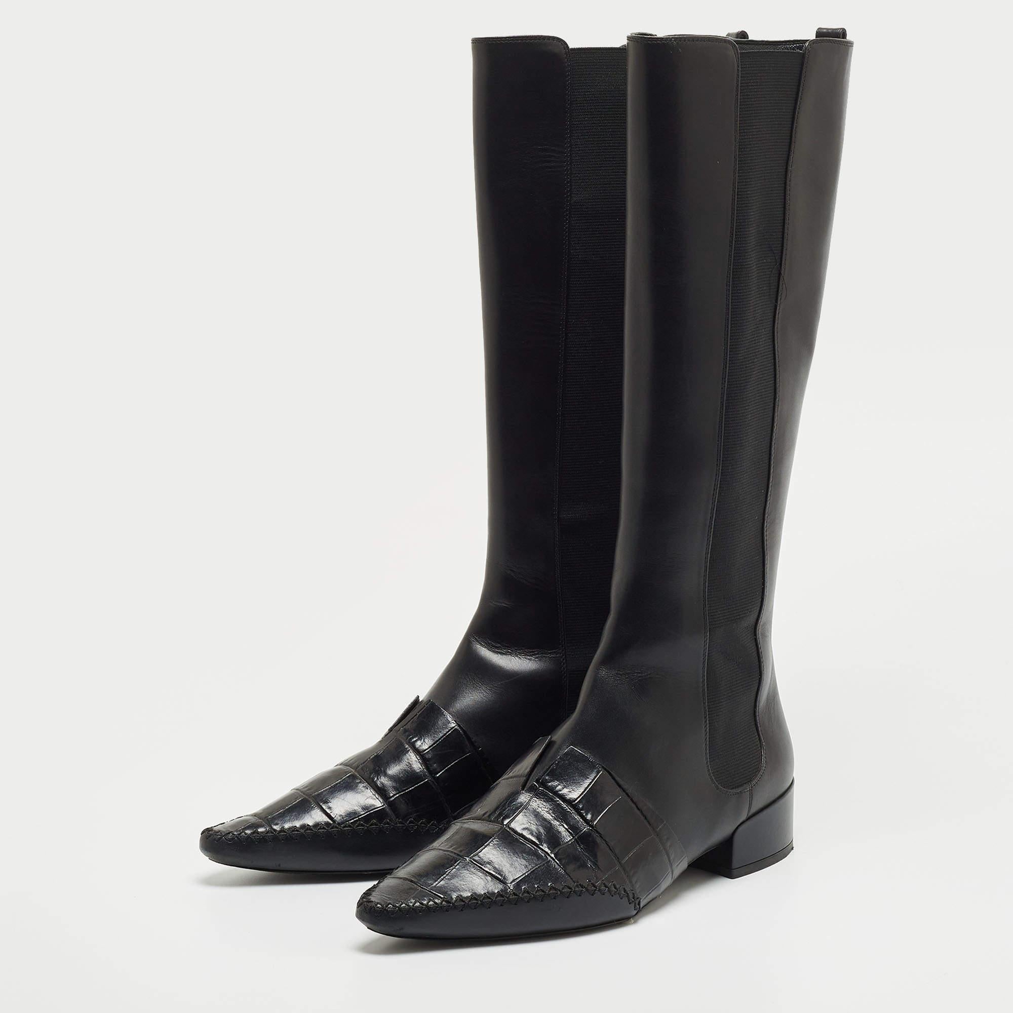 Dior Black Leather Croc Embossed and Leather Knee Length Boots  2