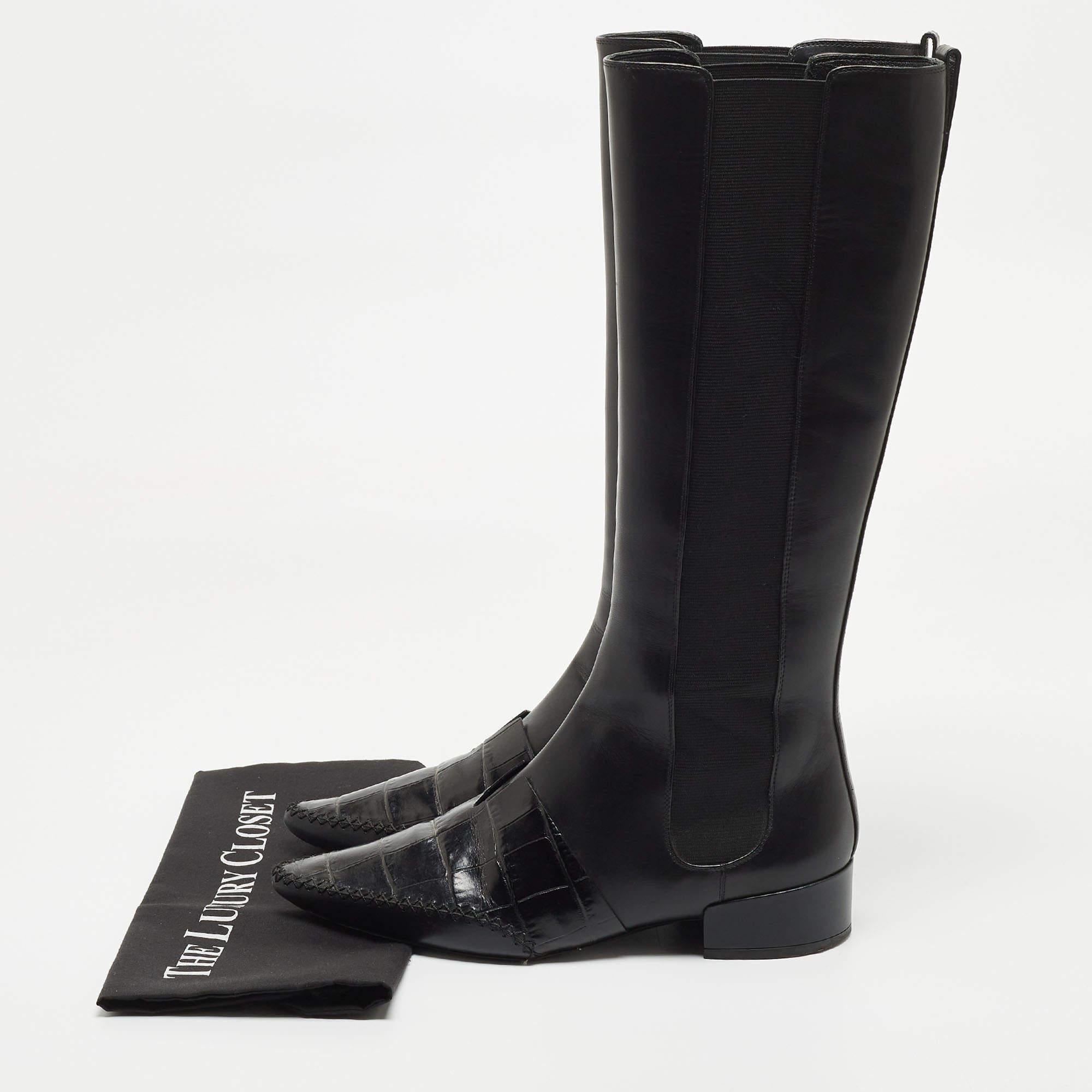 Dior Black Leather Croc Embossed and Leather Knee Length Boots  3