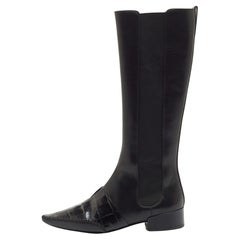 Dior Black Leather Croc Embossed and Leather Knee Length Boots 