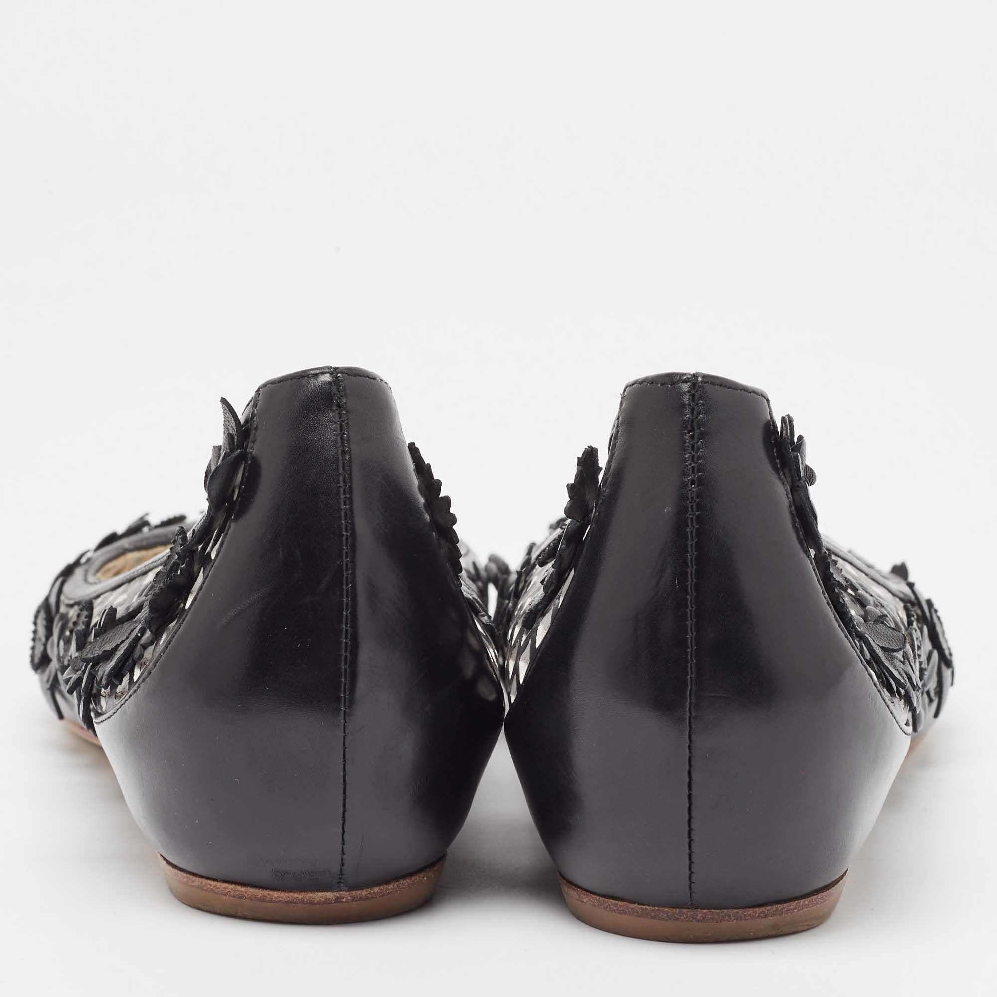 De las mujeres Bailarinas de cuero negro con apliques florales recortados Dior Talla 37 en venta