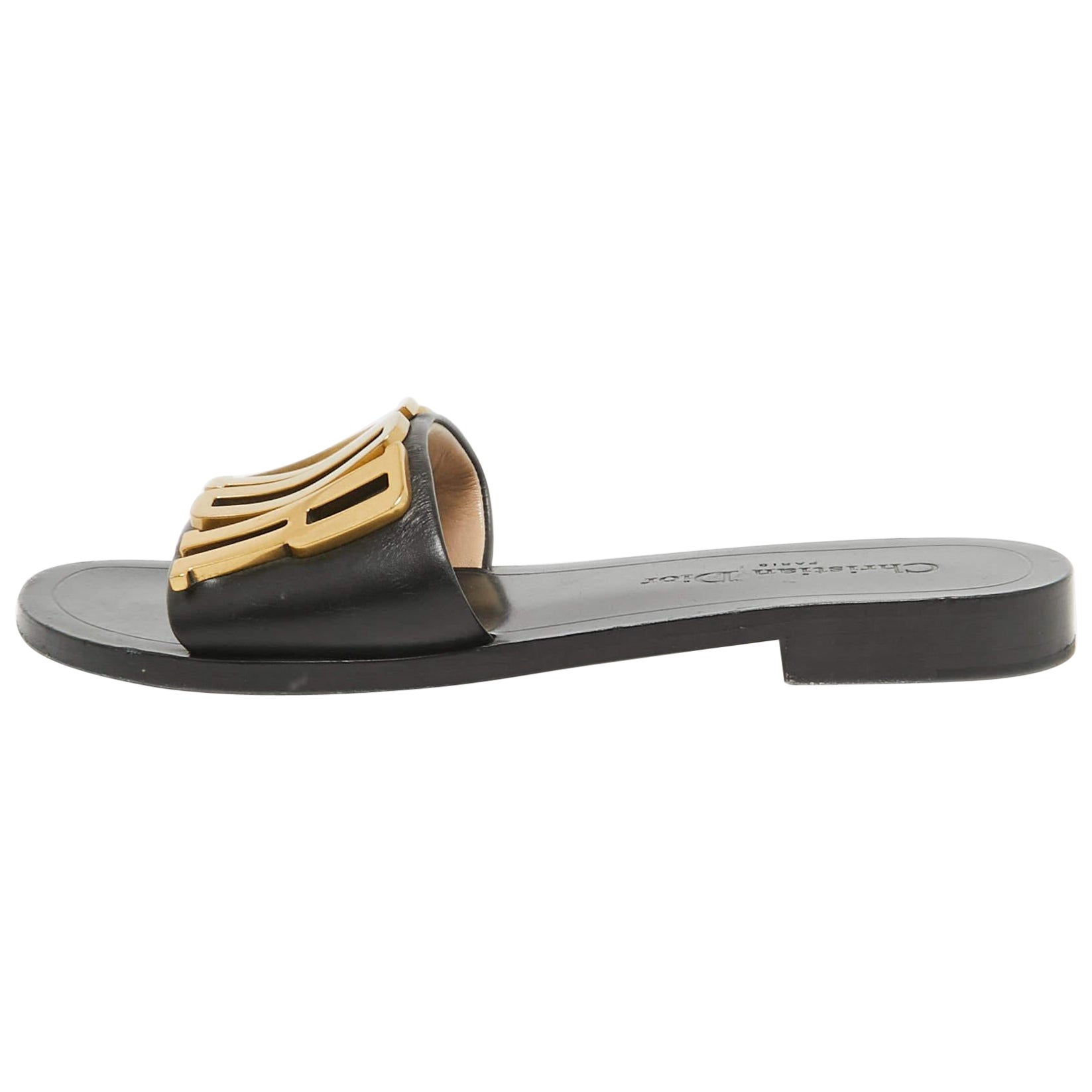 Dior Black Leather Dior Evolution Flat Slides Size 36