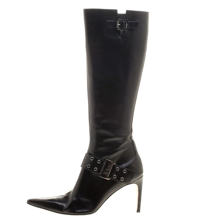 Dior Black Leather Eyelet Detail Pointed Toe Knee High Boots Size 40.5 ...