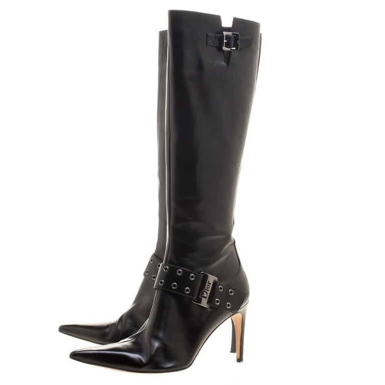 Dior Black Leather Eyelet Detail Pointed Toe Knee High Boots Size 40.5 ...