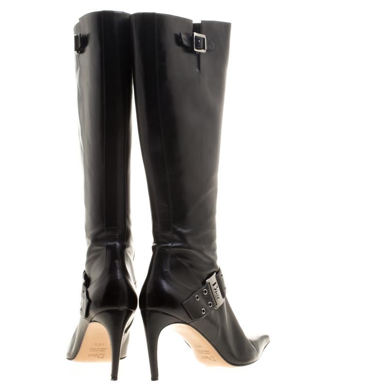 Women's Dior Black Leather Eyelet Detail Pointed Toe Knee High Boots Size 40.5 For Sale