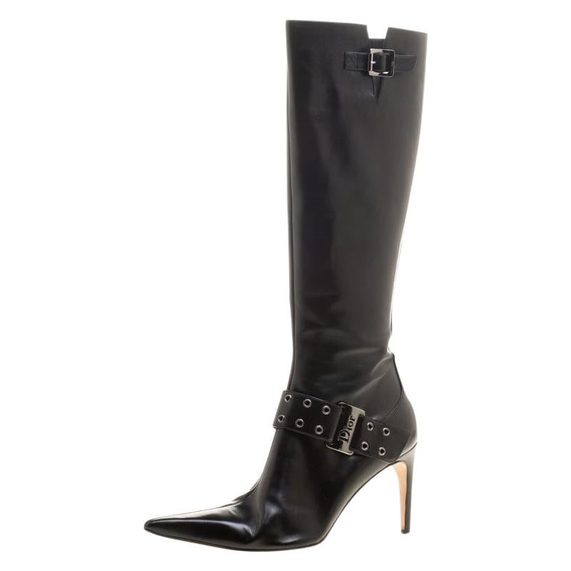 Dior Black Leather Eyelet Detail Pointed Toe Knee High Boots Size 40.5 For Sale