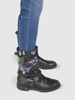 Dior Black Leather Floral Print Buckle Boots Size IT 37