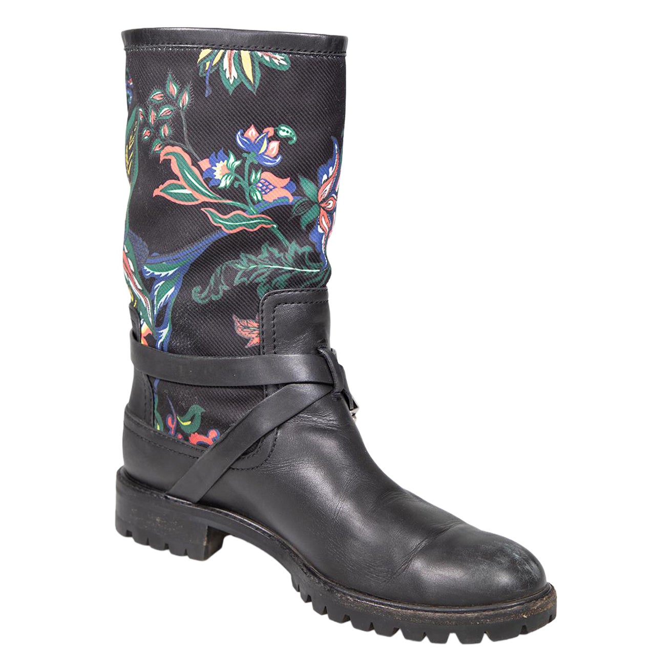Dior Black Leather Floral Print Buckle Boots Size IT 37