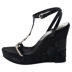 Dior Black Leather  Flower Embroidered Diorissima Wedge Strappy Sandal Size 38