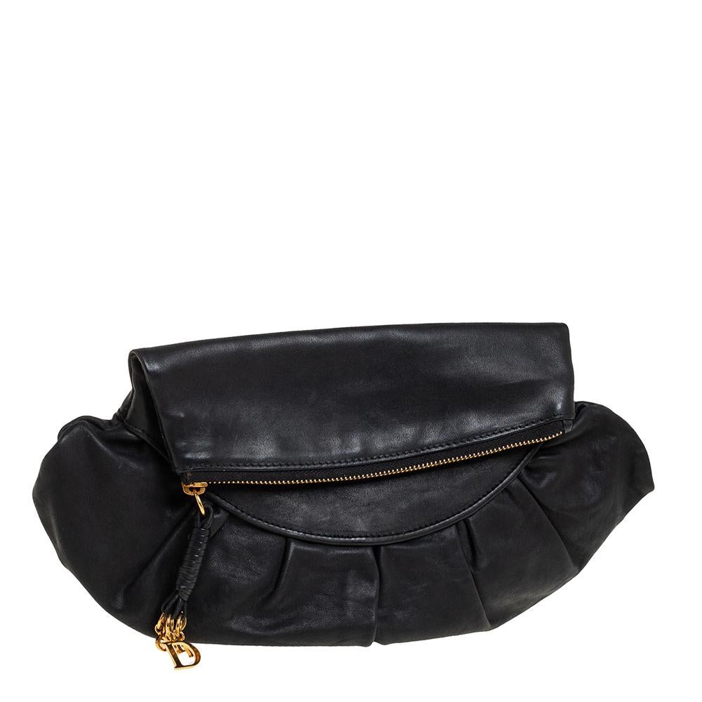 Dior Black Leather Gipsy Fold Over Clutch In Good Condition In Dubai, Al Qouz 2