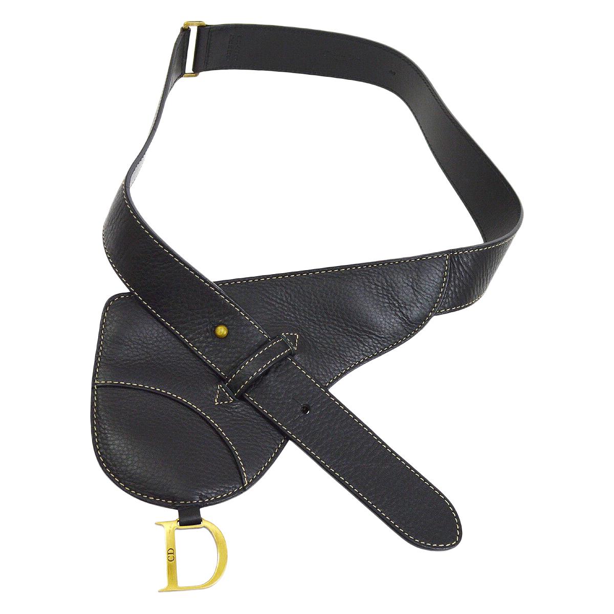 Dior Black Leather Gold 'D' Charm Stitch Fanny Pack Waist Bum Belt Bag