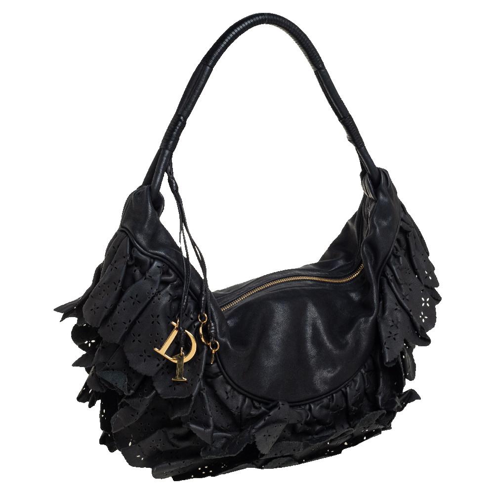 Dior Black Leather Large Gypsy Ruffle Hobo In Good Condition In Dubai, Al Qouz 2