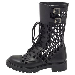 Dior Black Leather Laser cut Accents Combat Boots Size 37