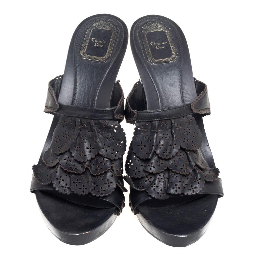 Women's Dior Black Leather Laser Cut Detail Clog Sandals Size 41 For Sale