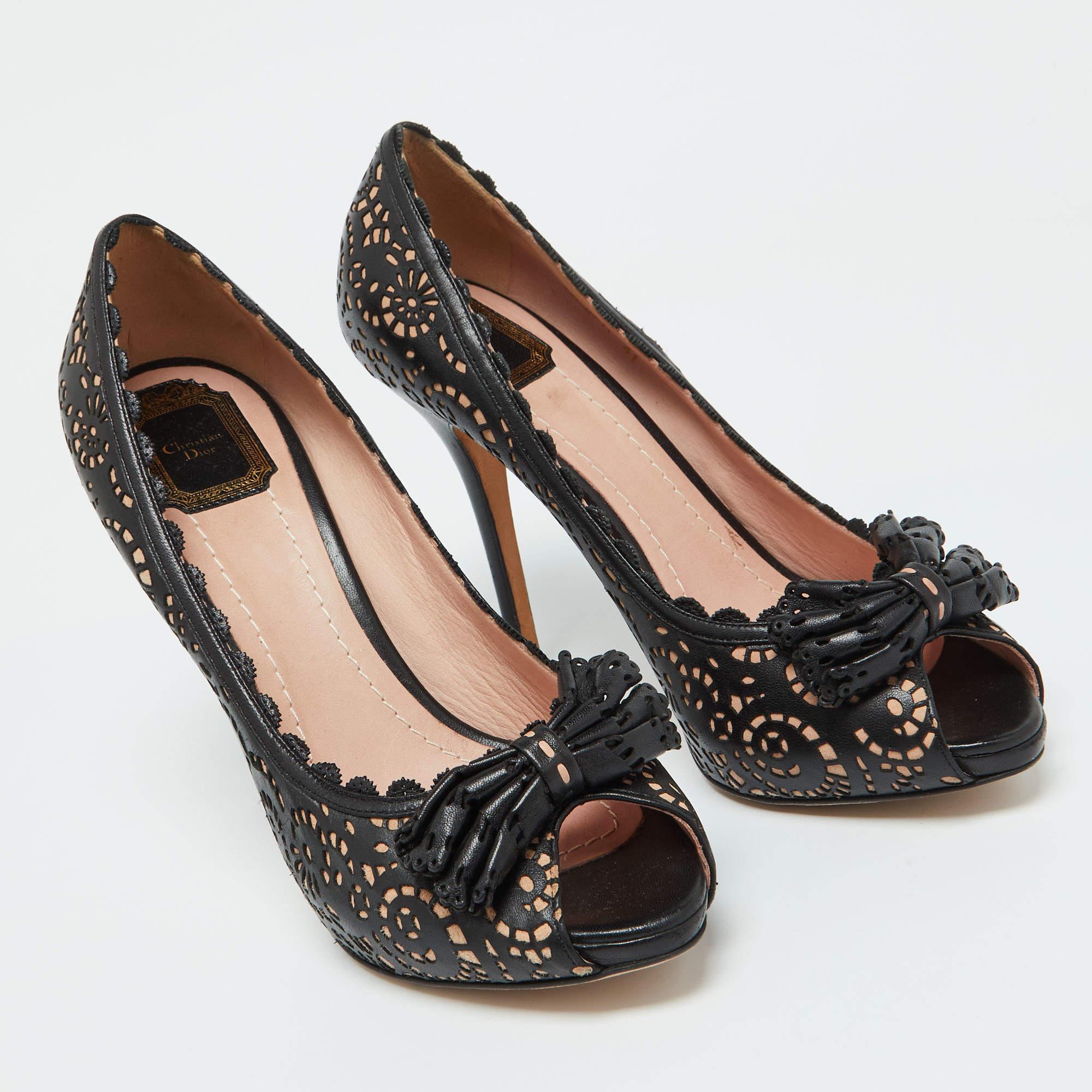 Women's Dior Black Leather Laser Cut Platform Peep Toe Pumps Size 41