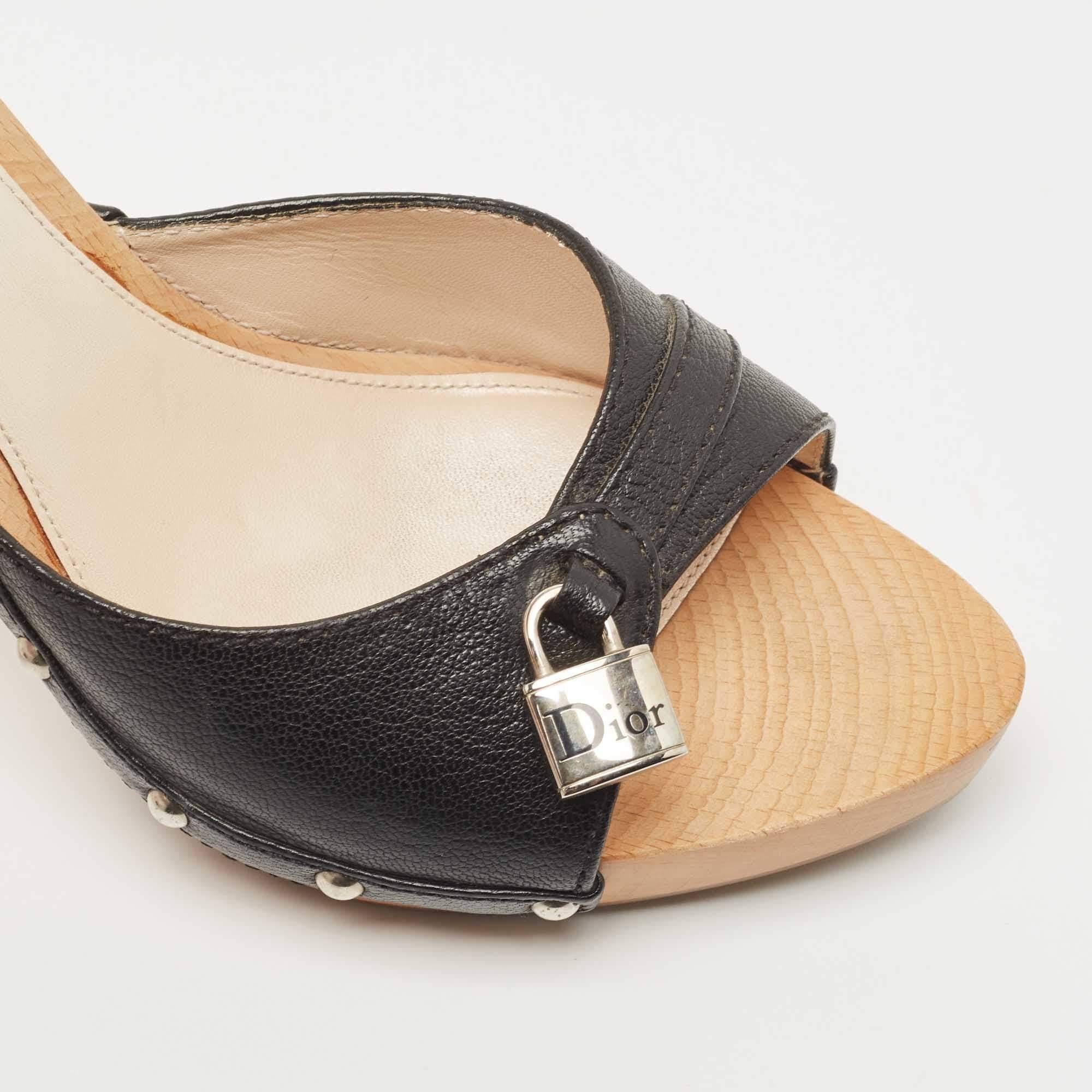 Dior Black Leather Lock Charm Wooden Clogs Size 39.5 1