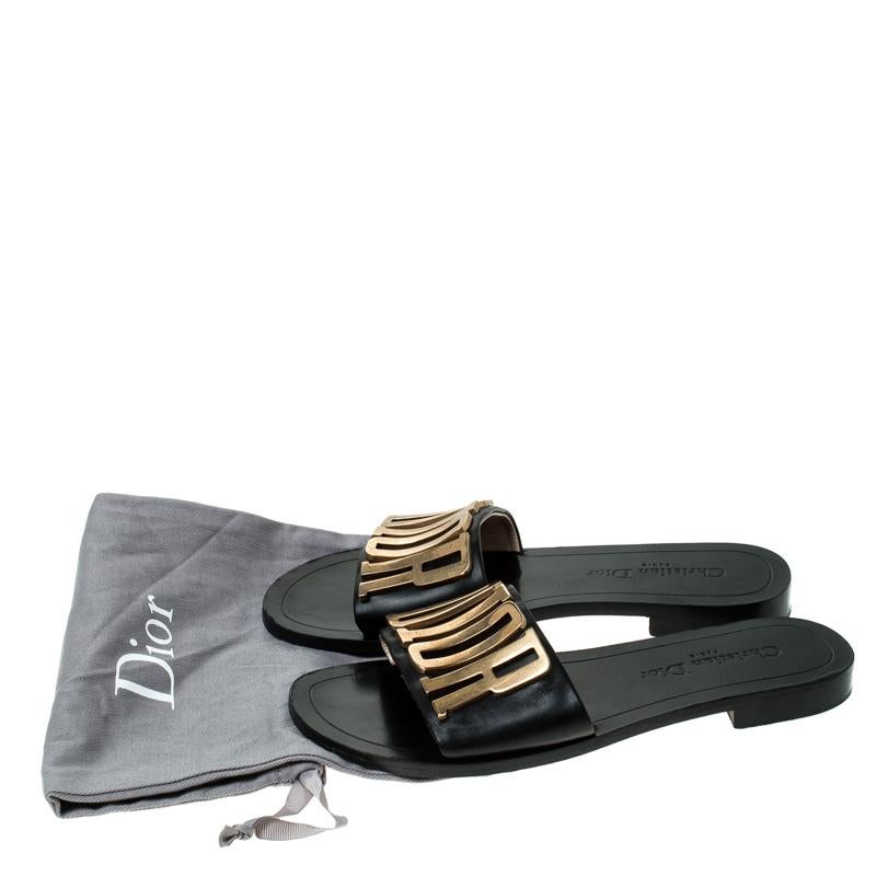 Dior Black Leather Logo Flat Sandals Size 37 1