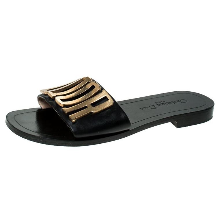 Dior Black Leather Logo Flat Sandals Size 37 For Sale at 1stDibs | black  and gold dior sandals