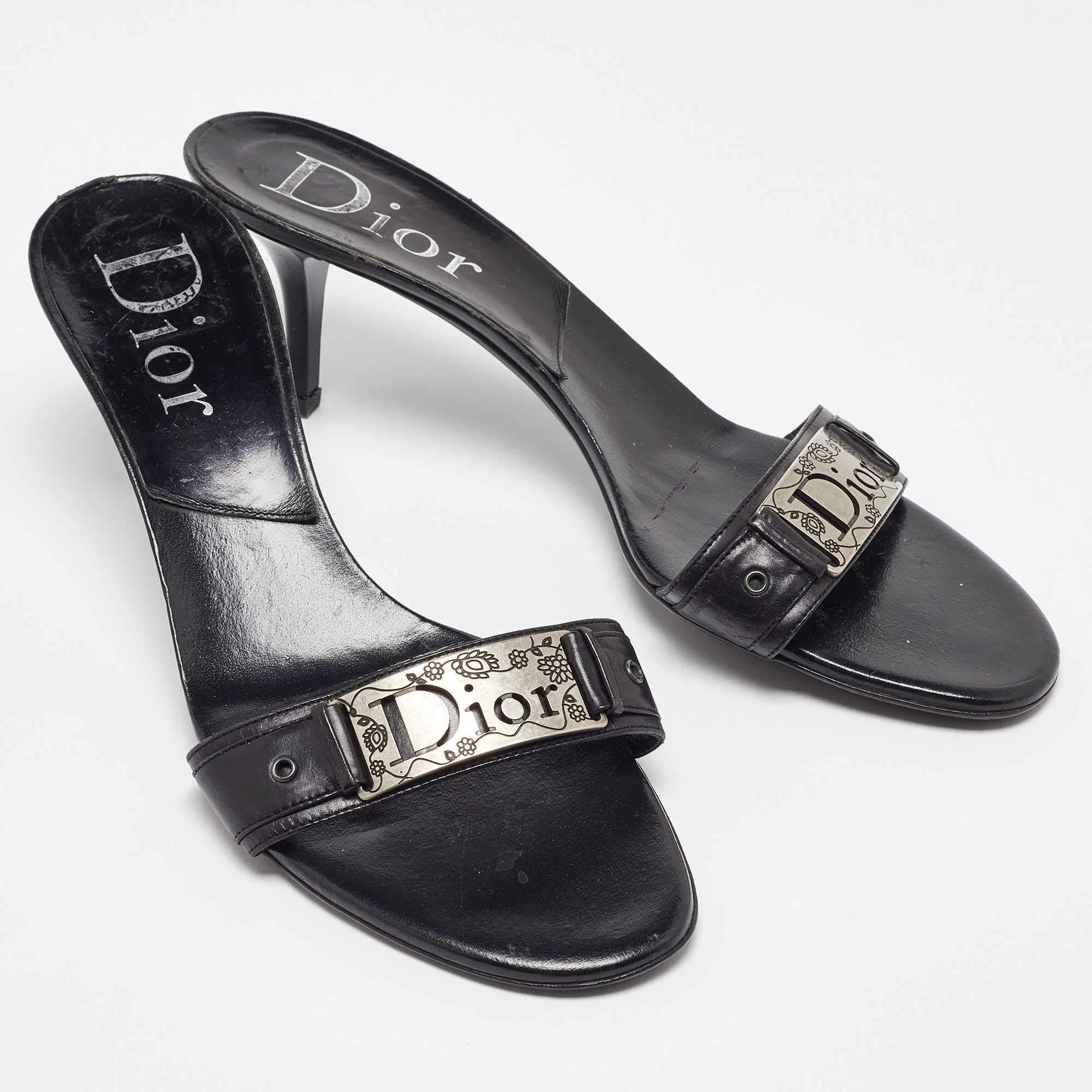 Women's Dior Black Leather Logo Metal Slide Sandals Size 41