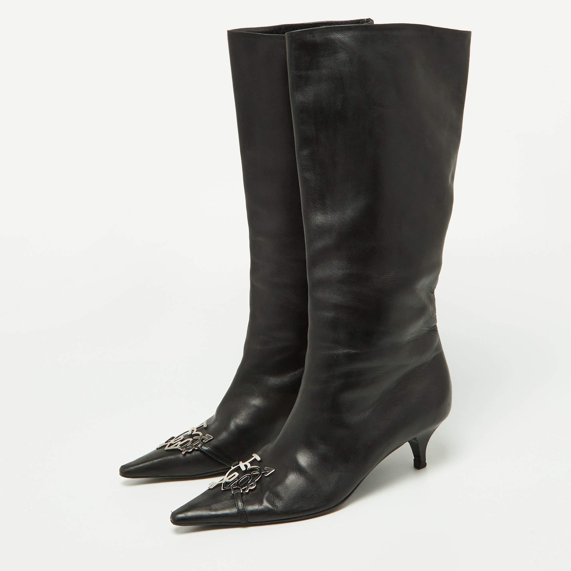 Dior Black Leather Logo Mid Calf Boots Size 39 2