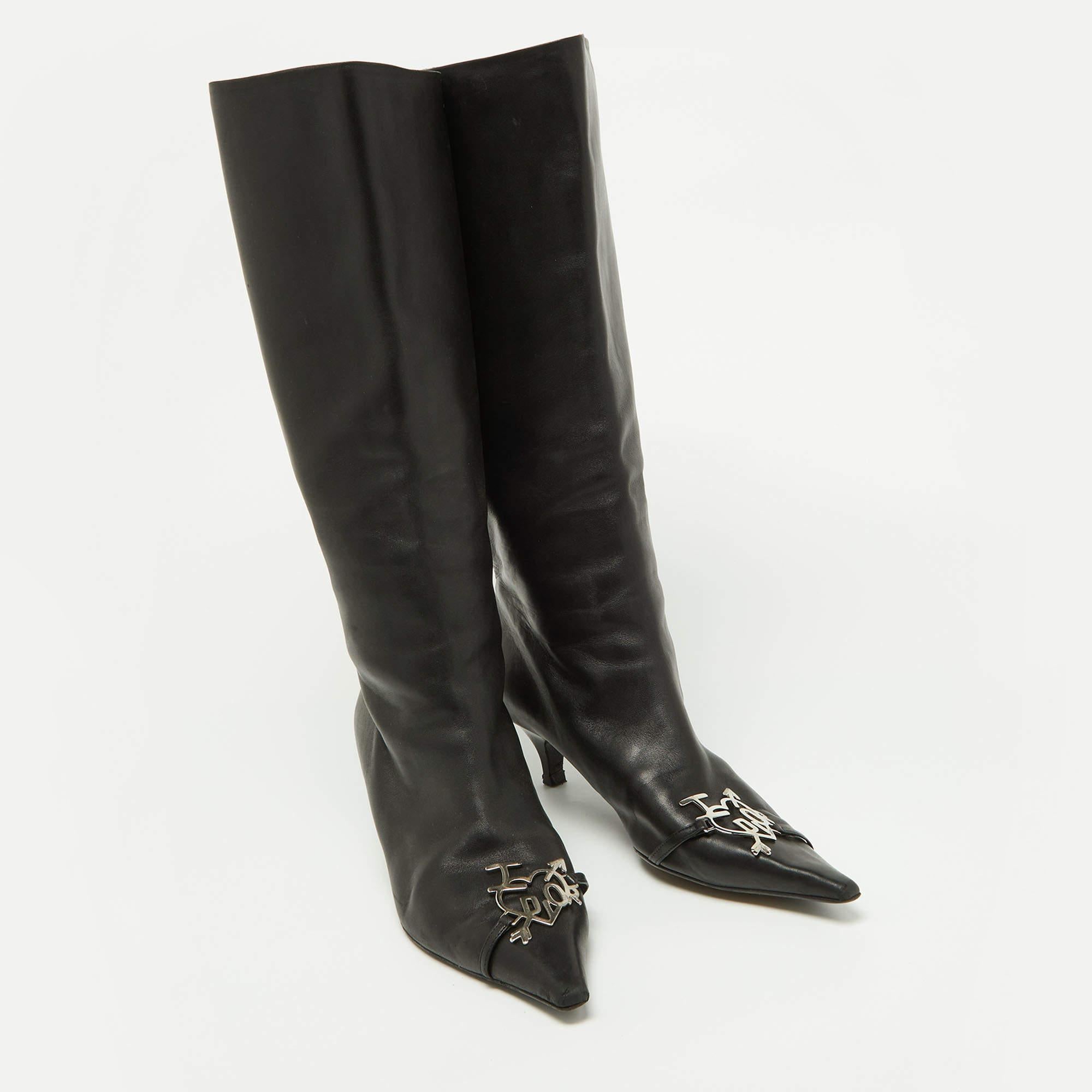 Dior Black Leather Logo Mid Calf Boots Size 39 5