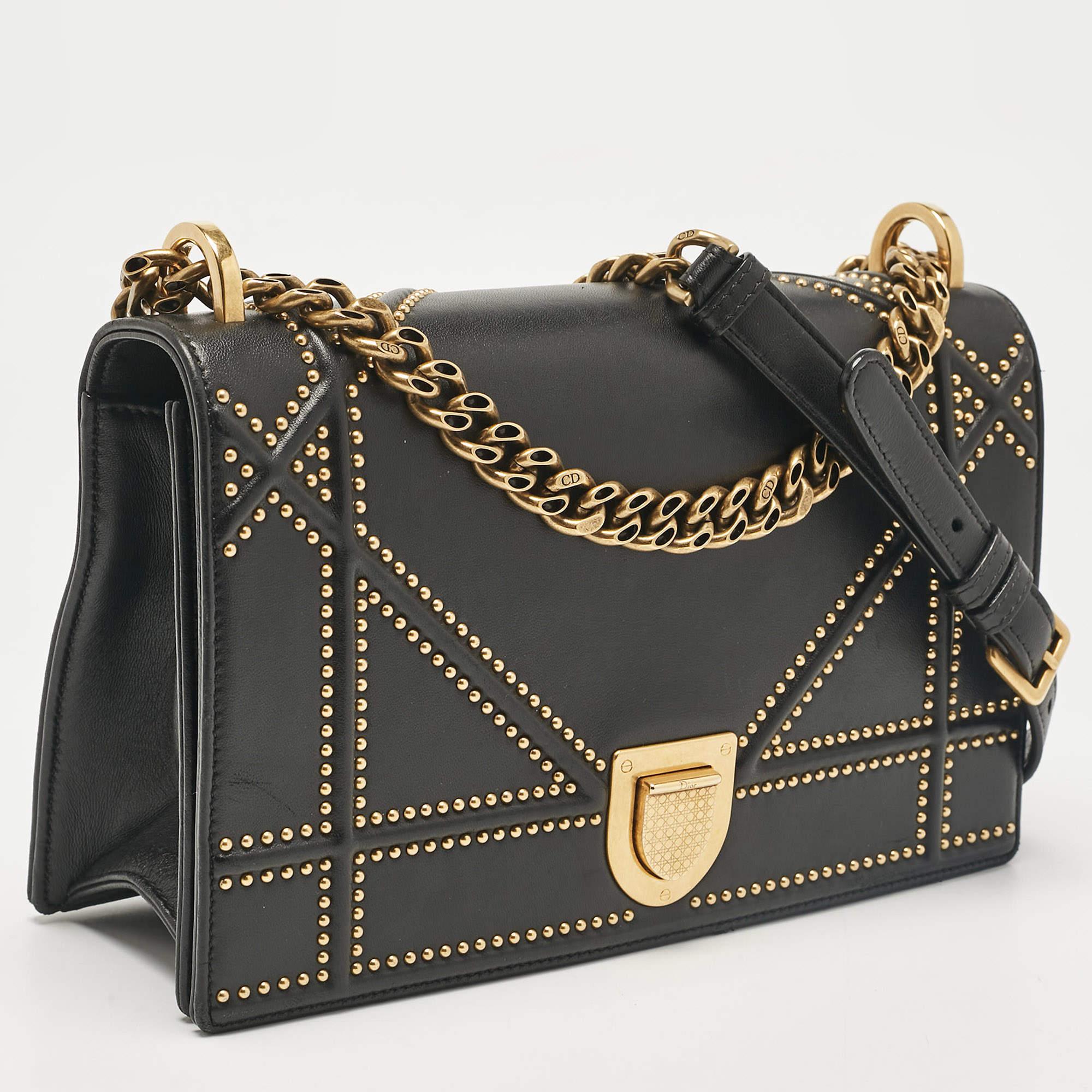 Dior Black Leather Medium Studded Diorama Flap Shoulder Bag In Good Condition In Dubai, Al Qouz 2