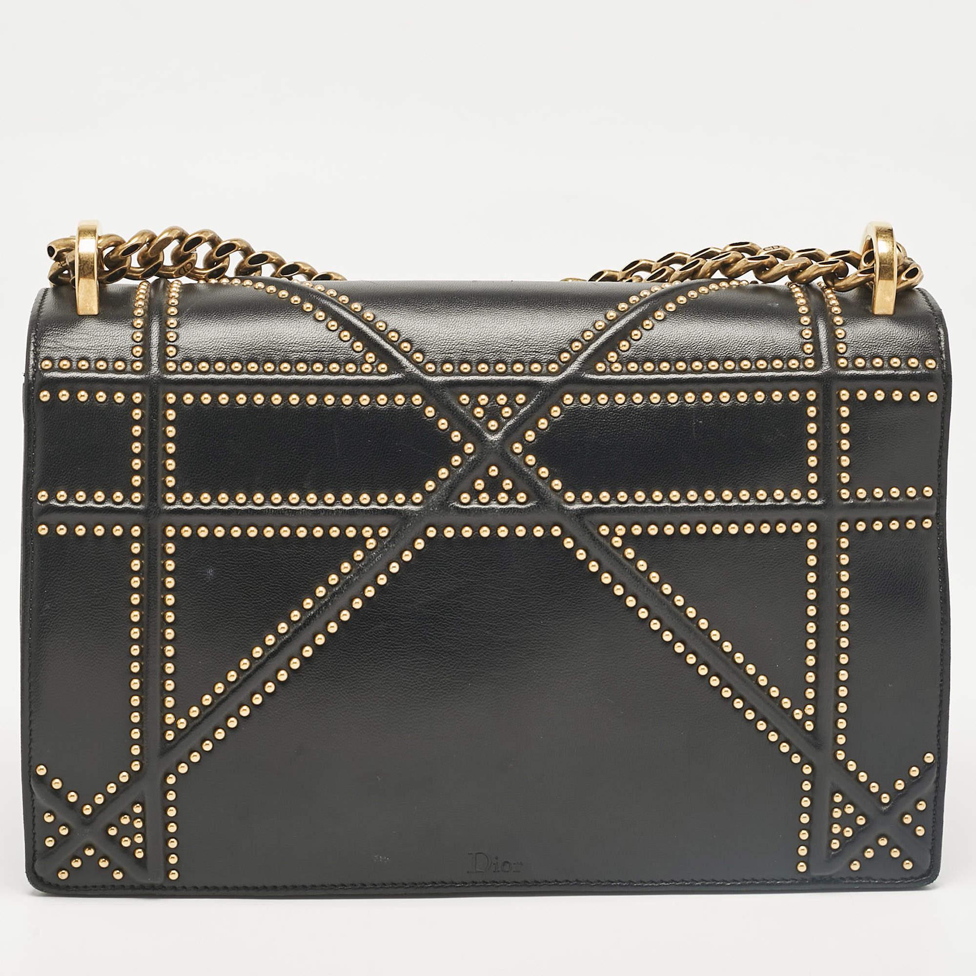 Women's Dior Black Leather Medium Studded Diorama Flap Shoulder Bag