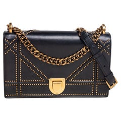 Dior Black Leather Medium Studded Diorama Flap Shoulder Bag