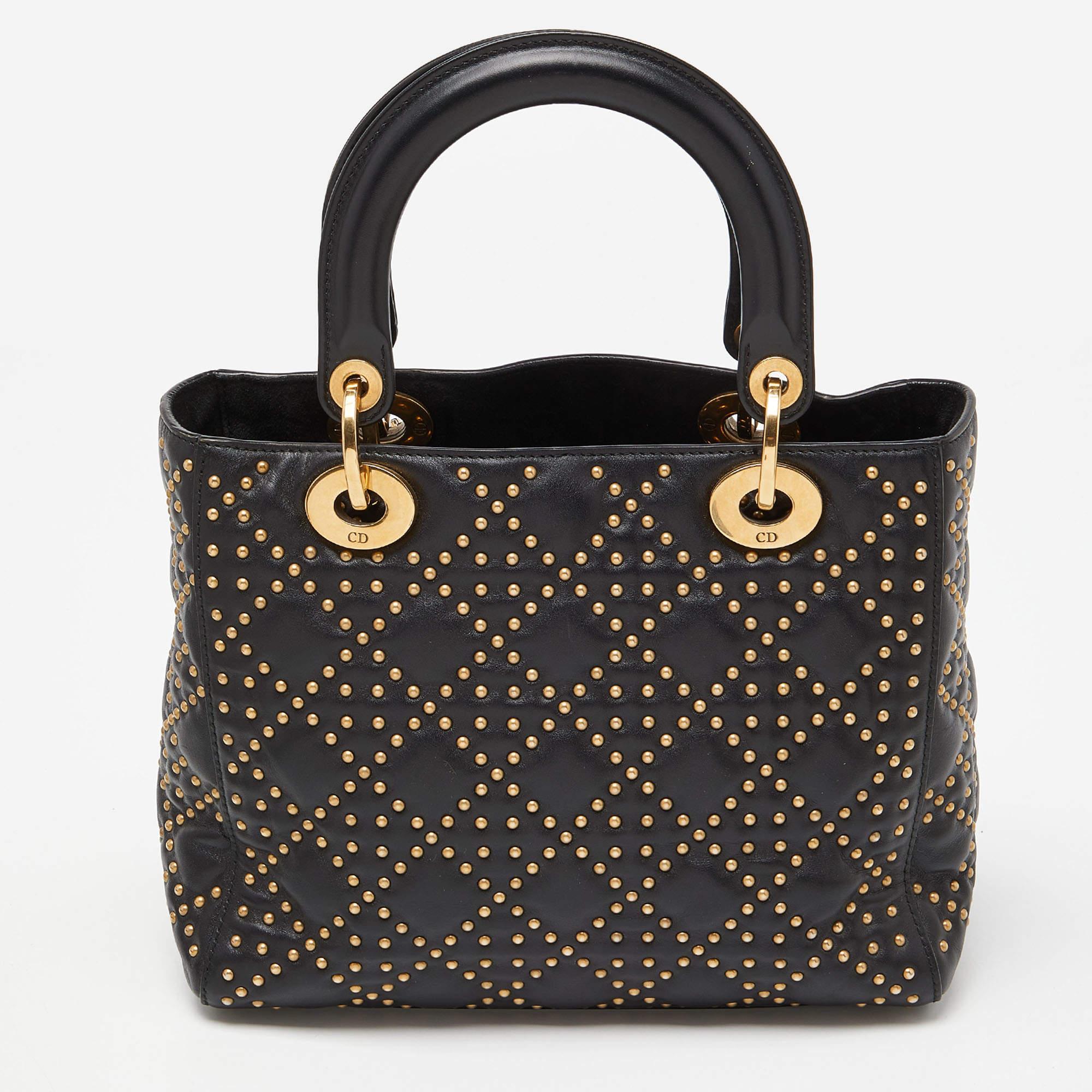 Dior Schwarzes Leder Medium Nieten Supple Lady Dior Tote mit Nieten bei 1stDibs