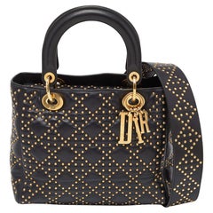 Dior Black Leather Medium Studded Supple Lady Dior Tote