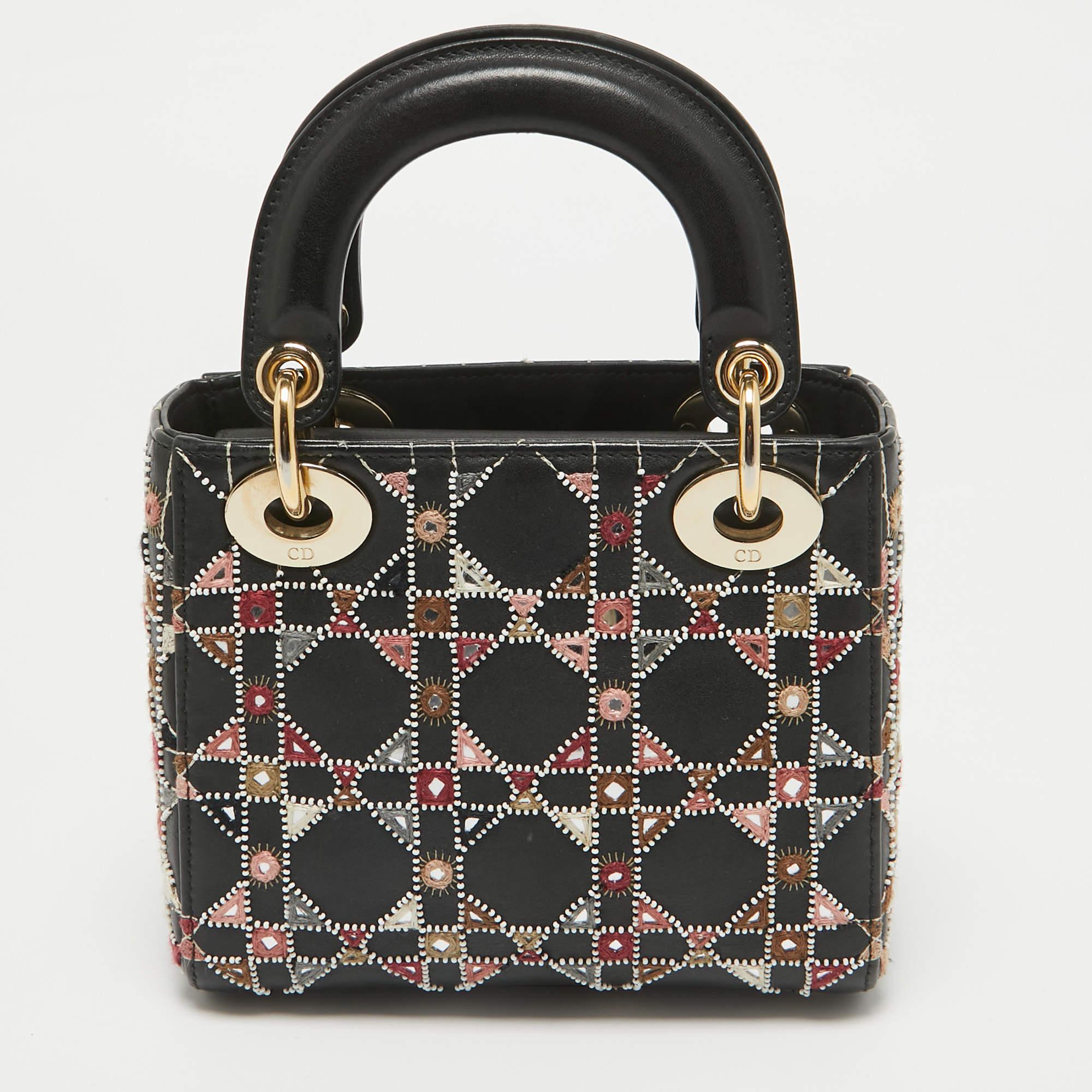 Women's Dior Black Leather Mini Embroidered Beaded Lady Dior Tote