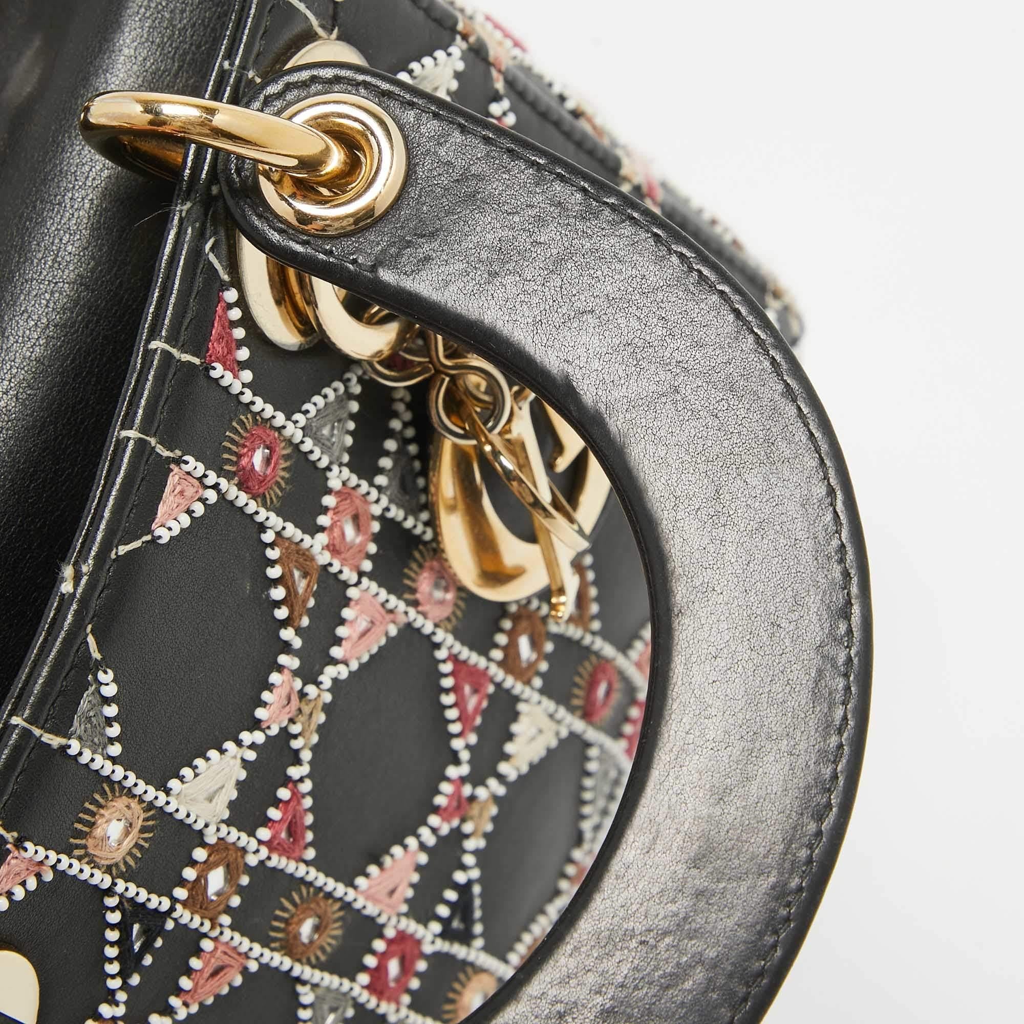 Dior Black Leather Mini Embroidered Beaded Lady Dior Tote 4