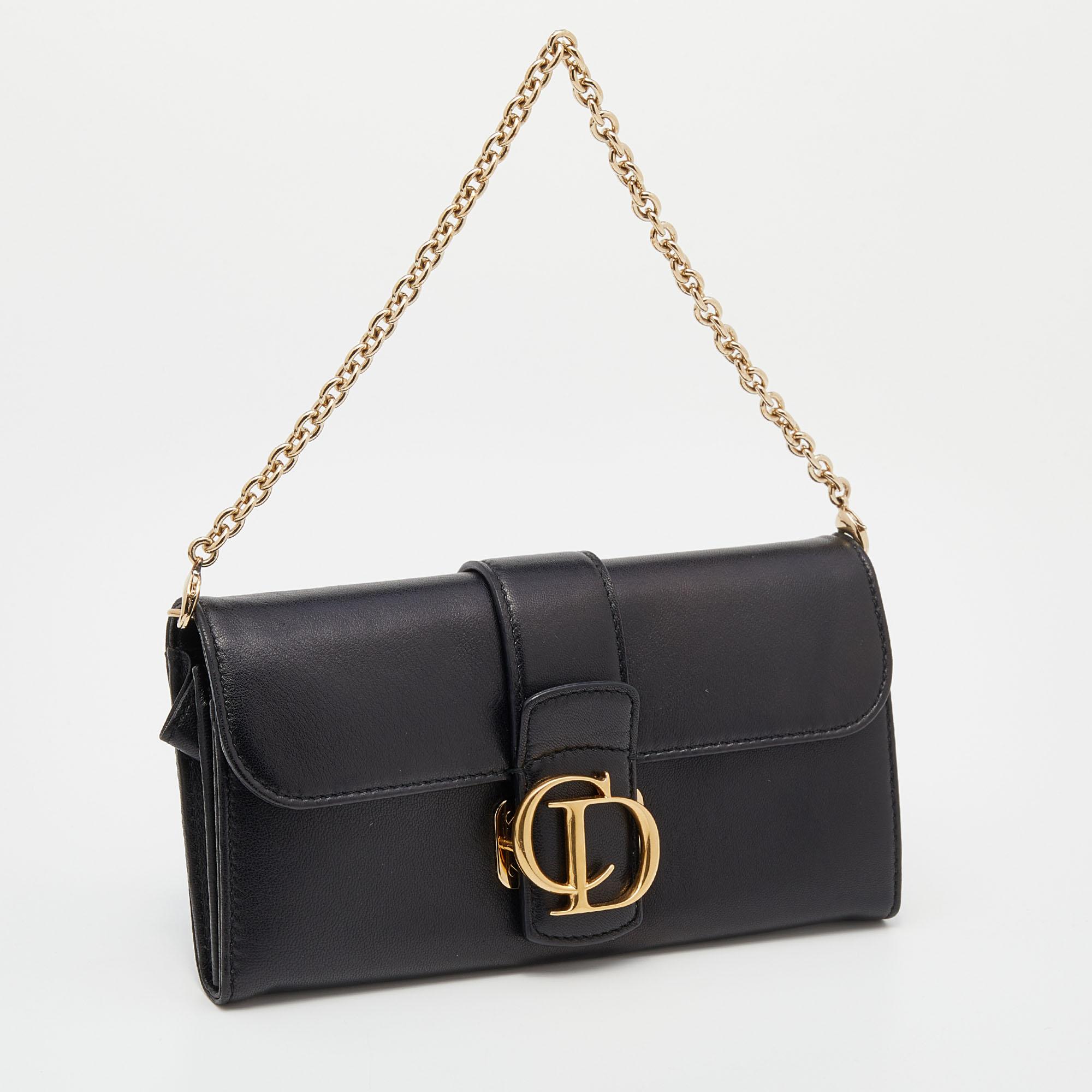 Women's Dior Black Leather Montaigne 30 Wallet on Chain