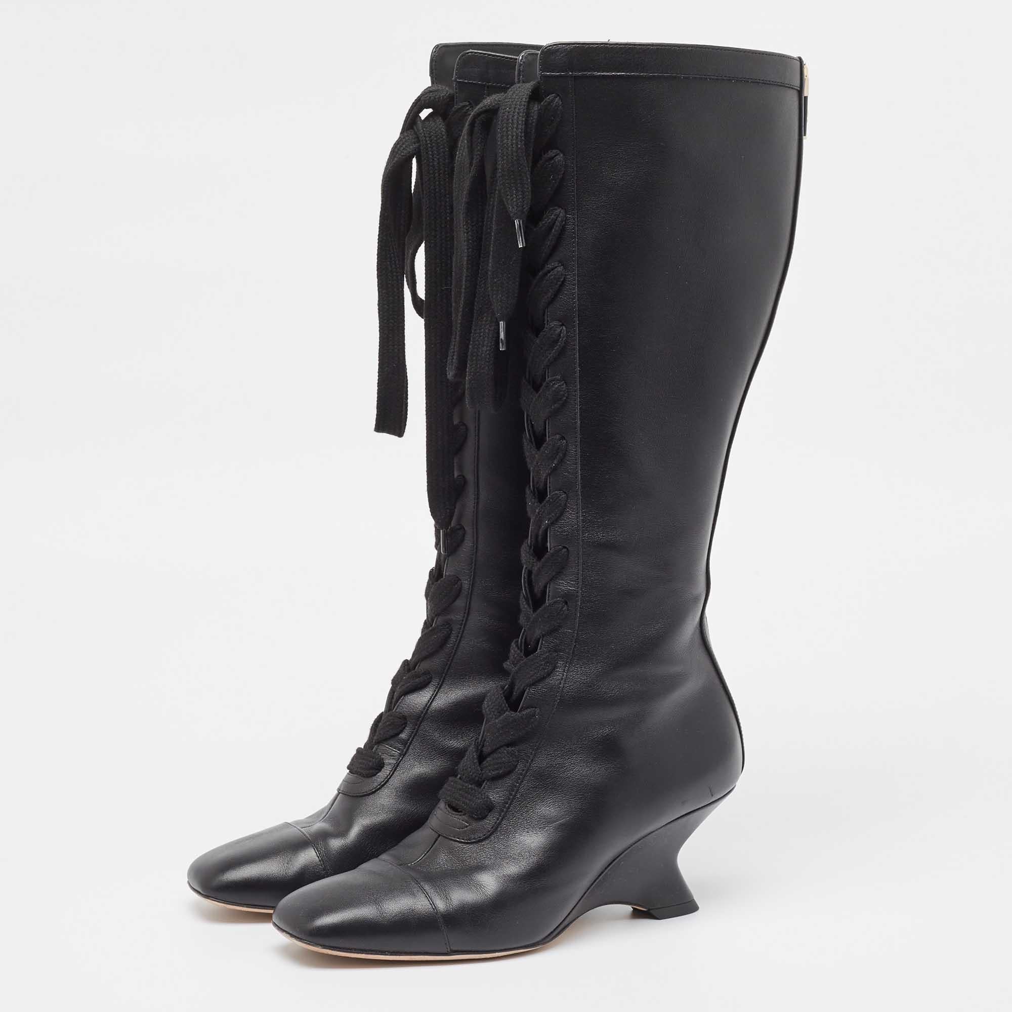 Dior Black Leather Naughtily-D Wedge Boots Size 39 For Sale 4