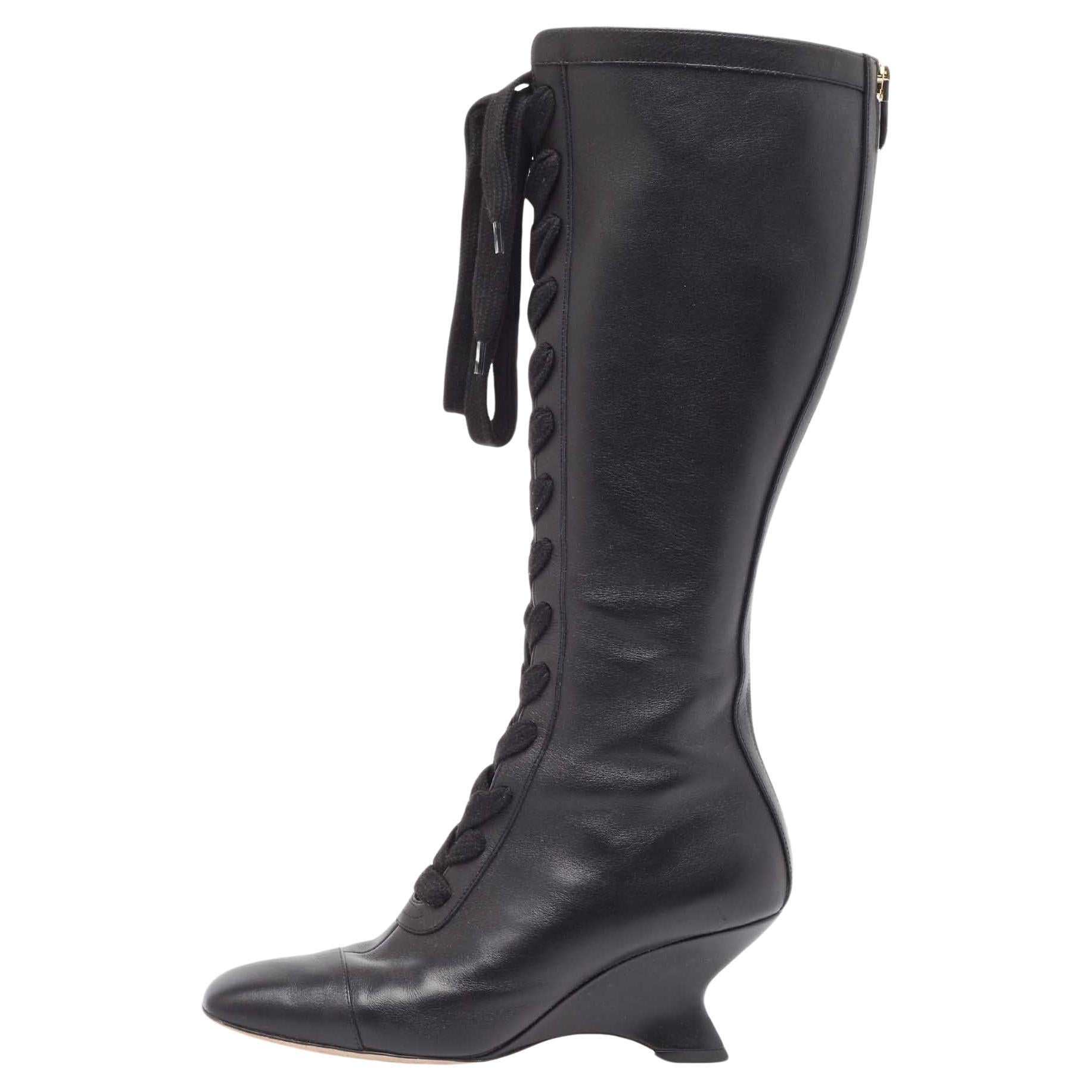 Dior Black Leather Naughtily-D Wedge Boots Size 39 For Sale