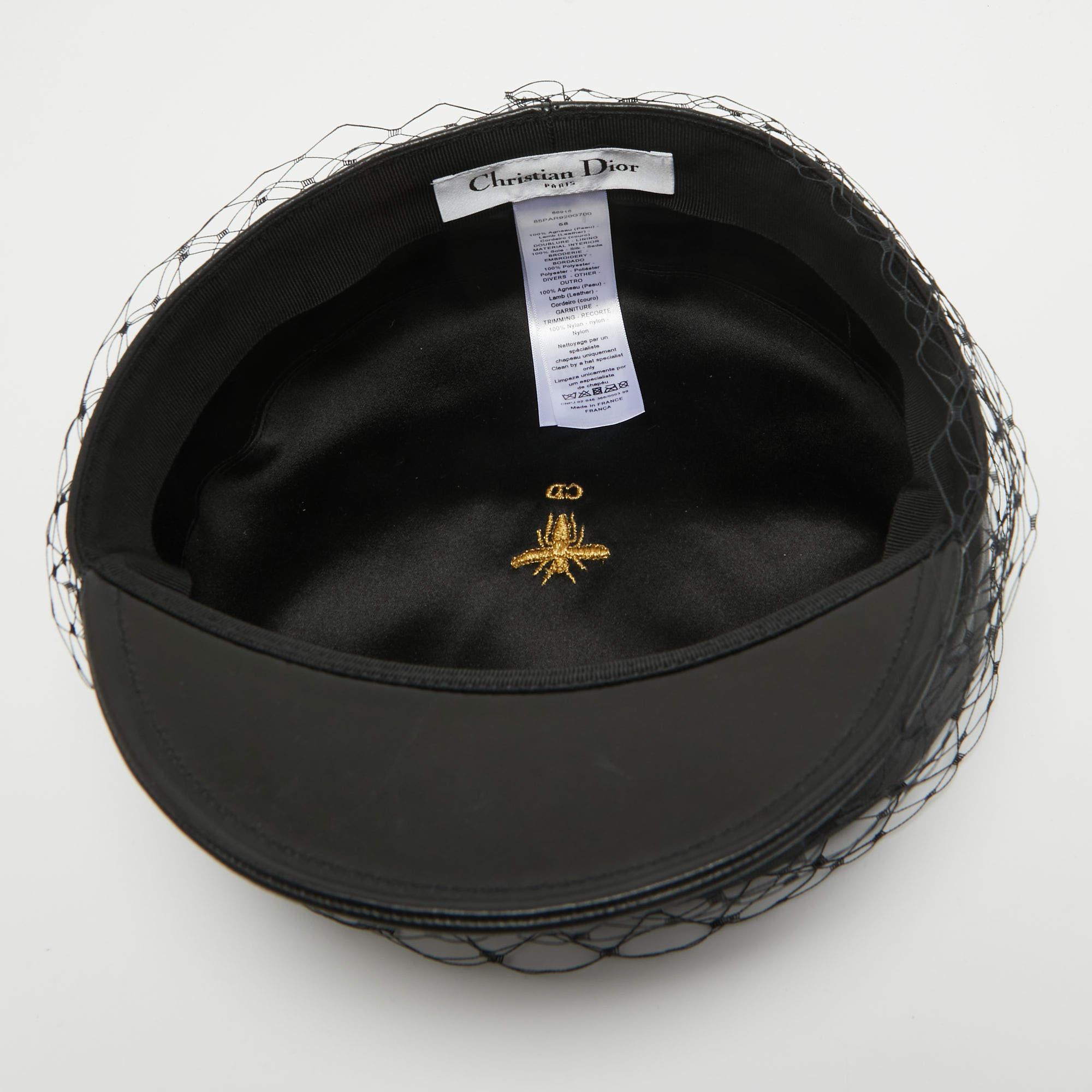 Dior Black Leather Newsboy Veil Cap For Sale 3