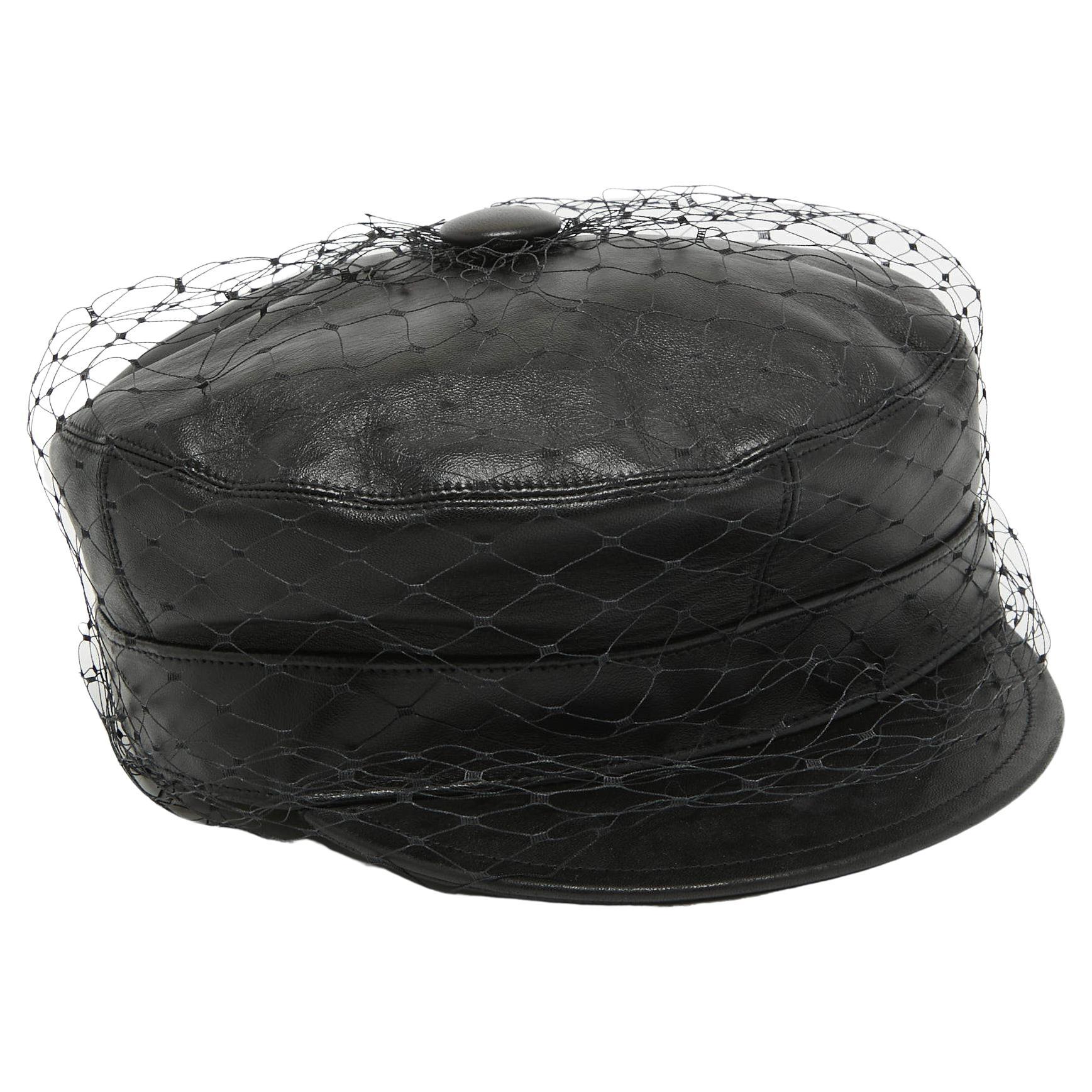 Dior Black Leather Newsboy Veil Cap