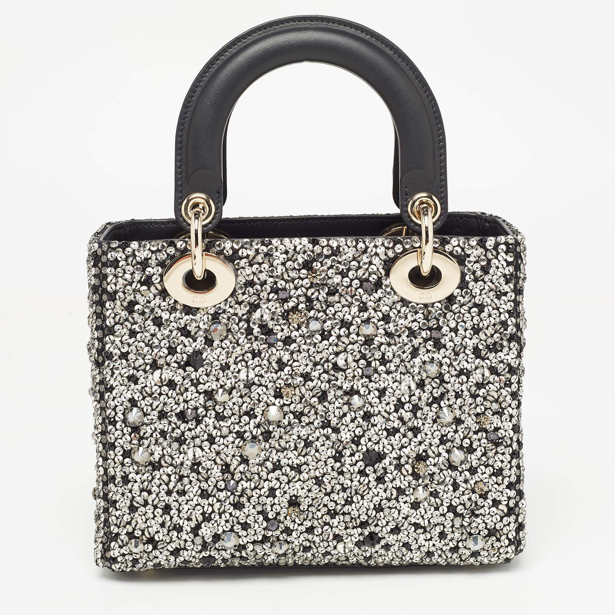 Dior Black Leather Sequins and Crystal Embellished Small Lady Dior Tote In Excellent Condition In Dubai, Al Qouz 2