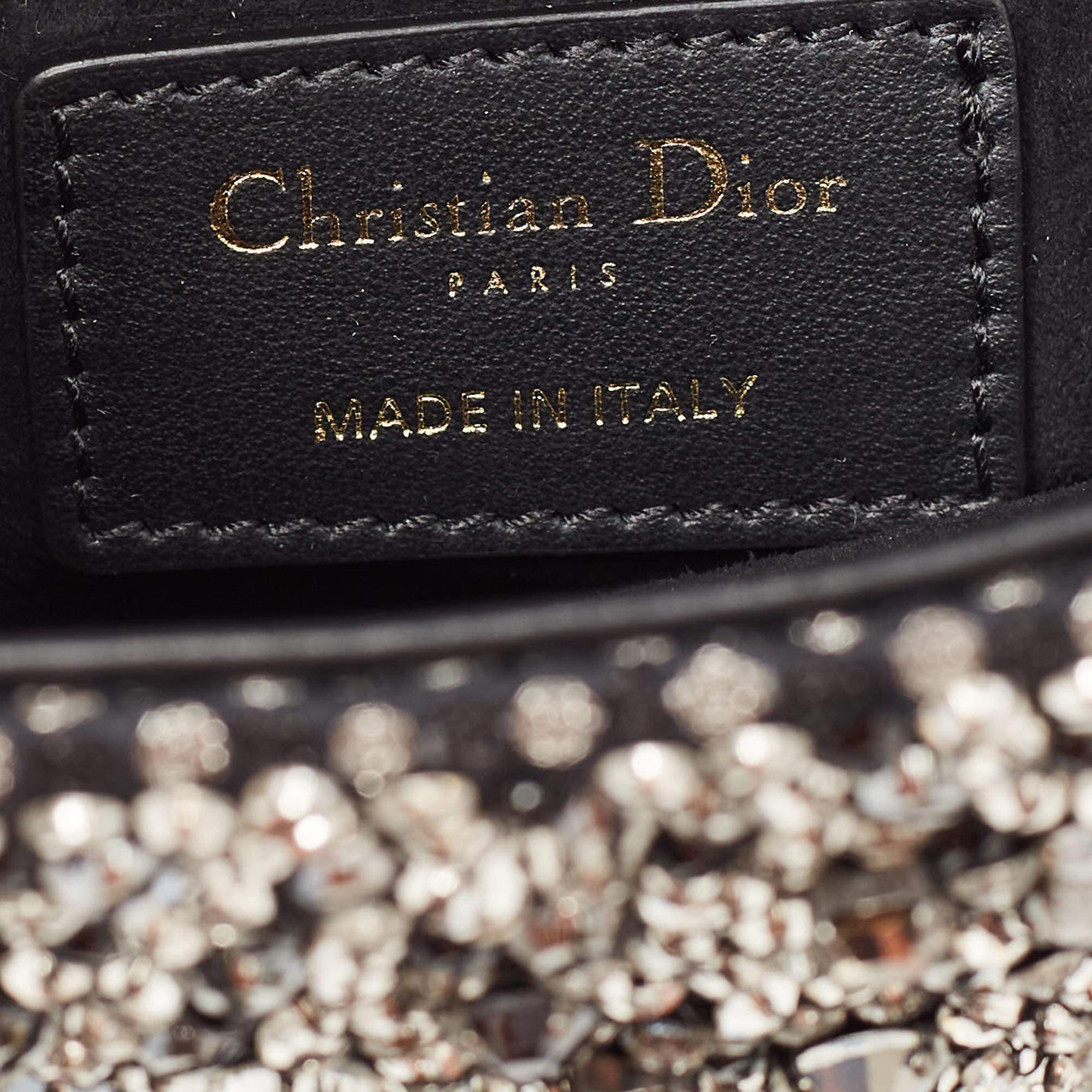 Petit sac à main Lady Dior en cuir noir orné de paillettes et de cristaux en vente 2