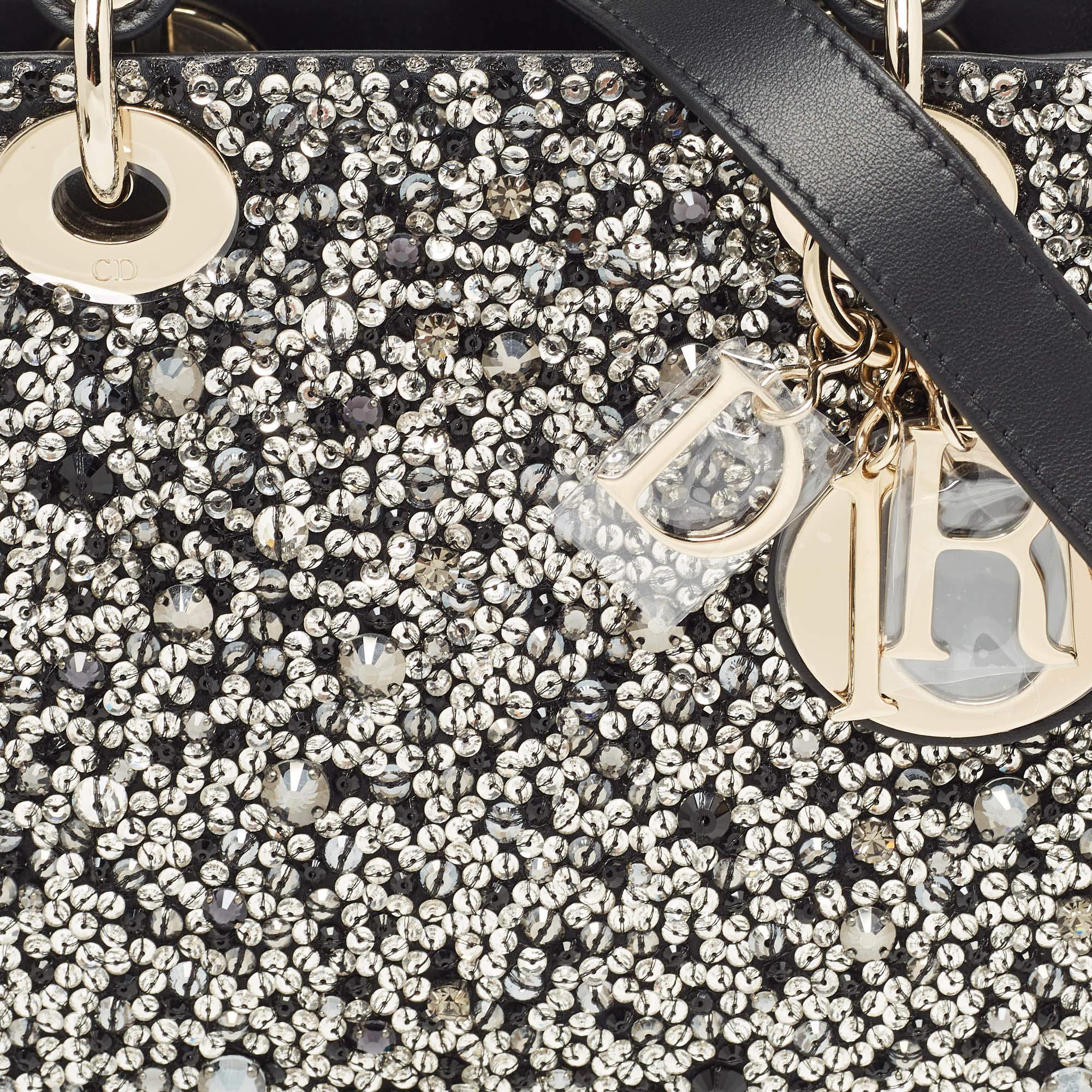Dior Black Leather Sequins and Crystal Embellished Small Lady Dior Tote 4