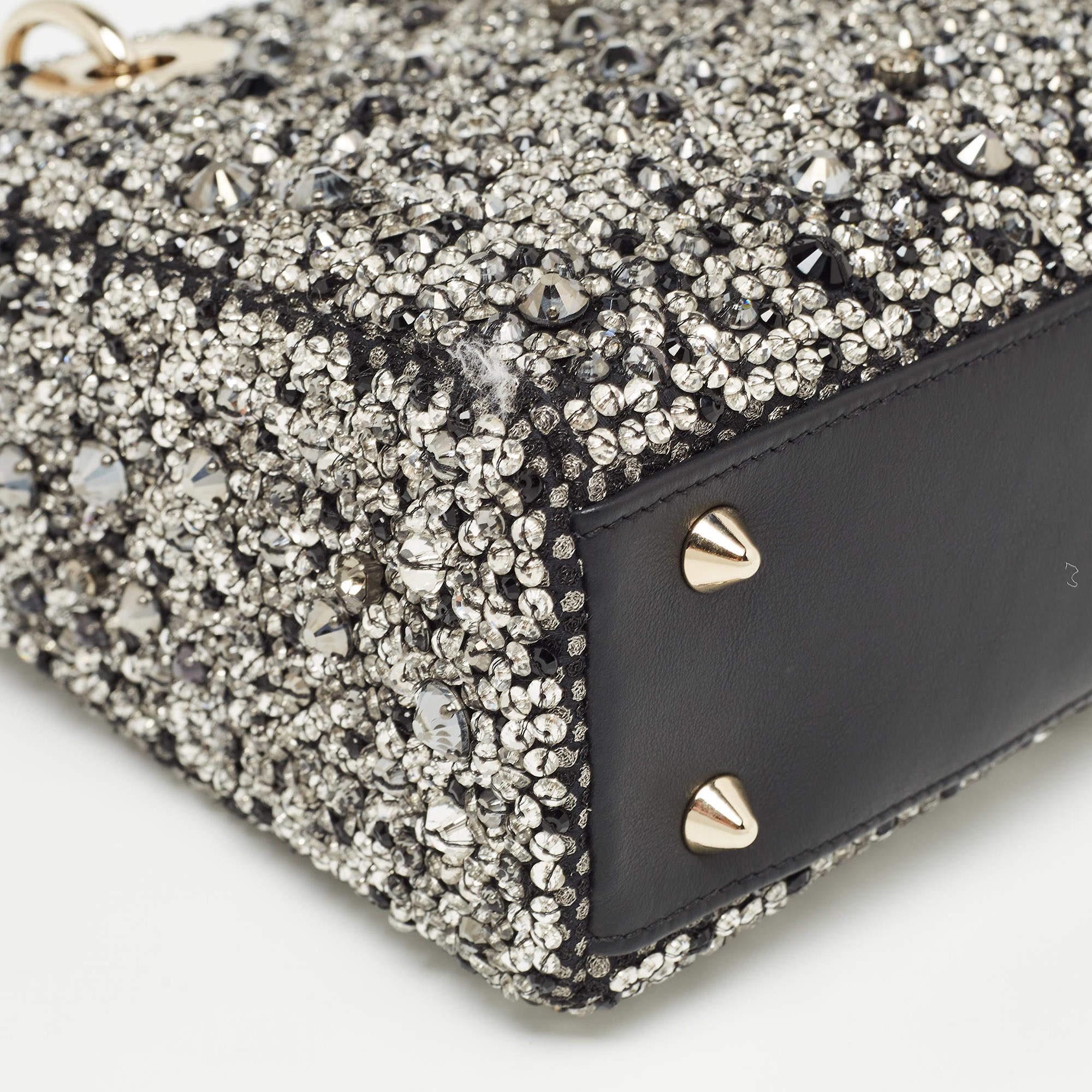 Dior Black Leather Sequins and Crystal Embellished Small Lady Dior Tote 5