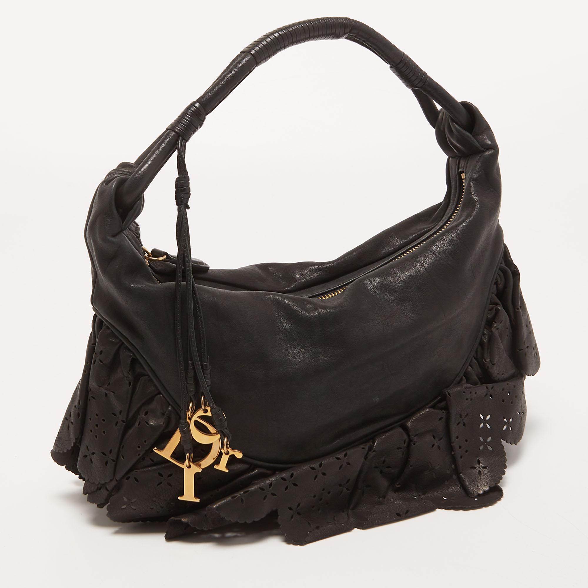 Dior Black Leather Small Gypsy Ruffle Hobo at 1stDibs