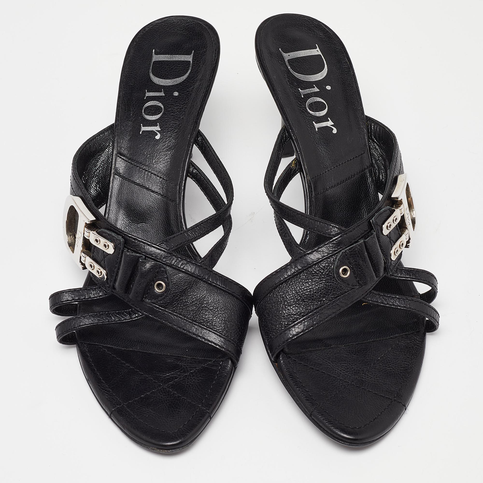 Dior Black Leather Strappy Slide Sandals Size 41 In Good Condition In Dubai, Al Qouz 2